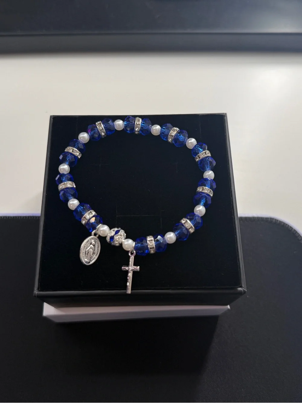 Women’s Blue Crystal Rosary Charm Bracelet Stretch One Size Virgin Mary Cross OS
